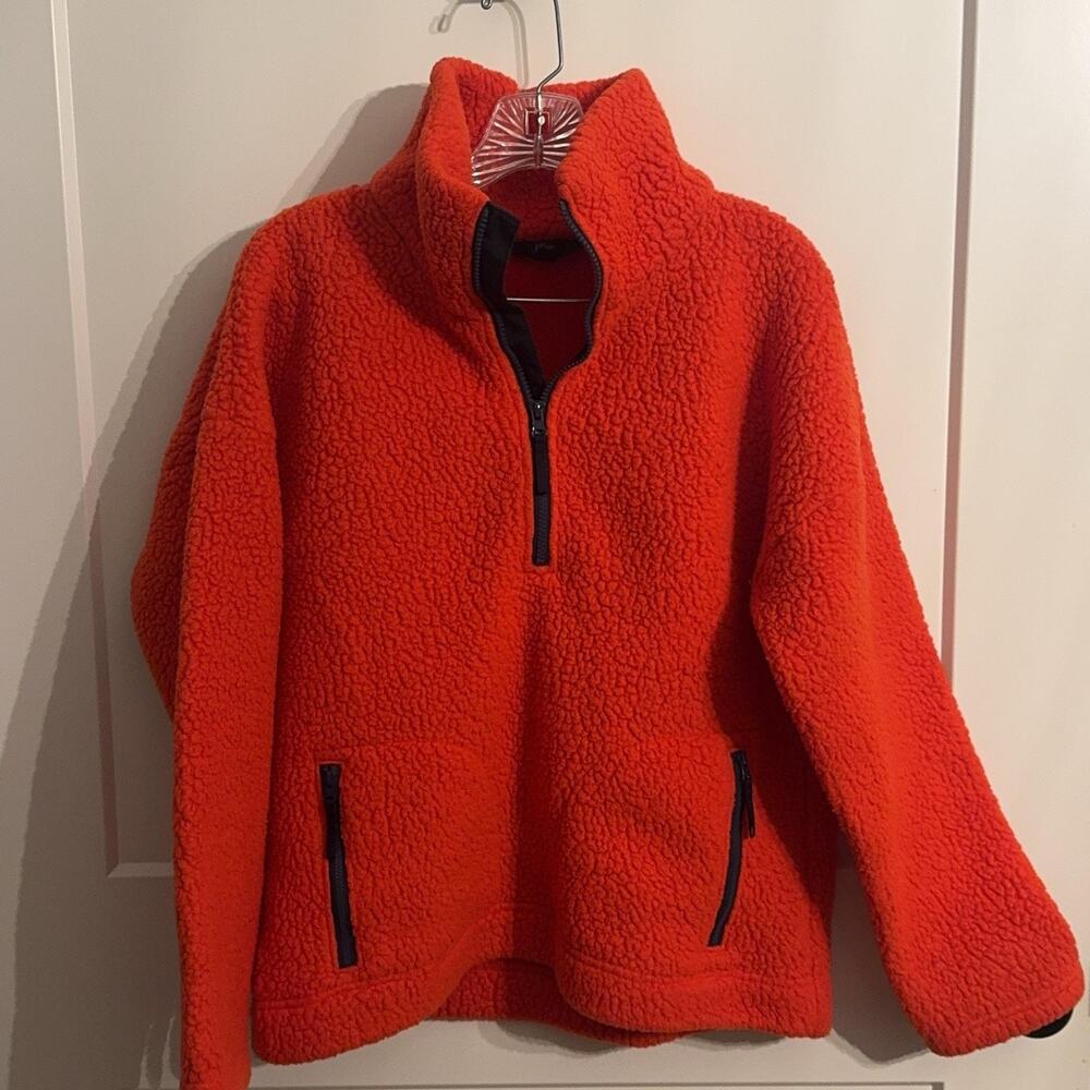 J. Crew Fleece Jacket Sz M Orange Sherpa 1/4 Zip Pockets Fall Winter Cozy Warm